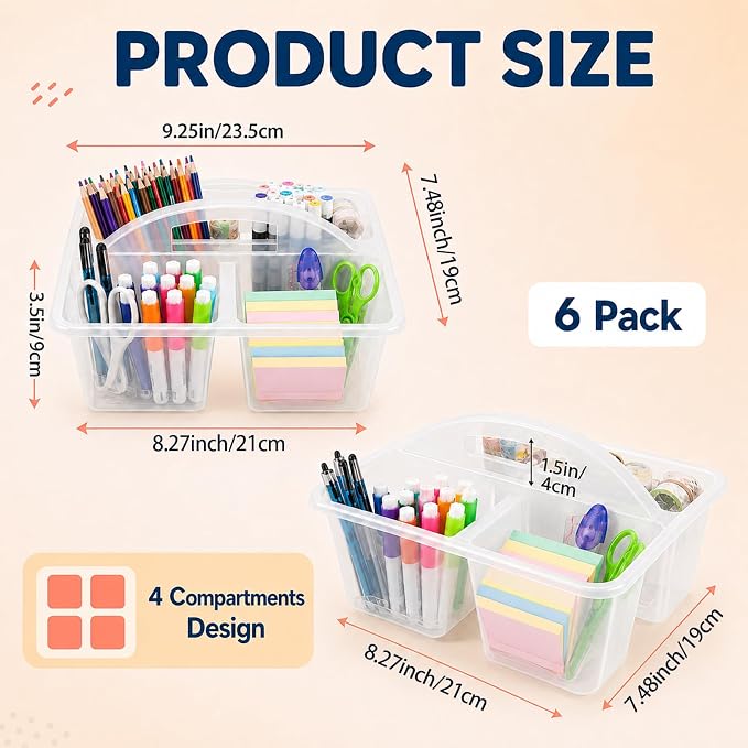 6 Pack Assorted Colors Classrooms Caddy 4 Compartment Classroom Caddy Compartment Caddies Set Table Caddies Classrooms with Handle for Classroom Organization Table Desk Office Supplies(clear) - Image 2