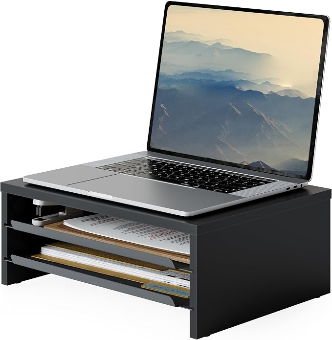 Fenge 14.3-Inch Monitor Stand with Slide-Out Trays, Wood & Metal Desk Shelf | 3-Tier Space-Saving Desk Storage Organizer, Fits Computer, Laptop, Printer and Telephone by Fenge
