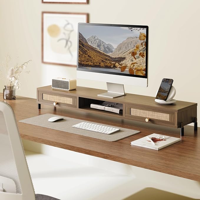 Fenge Dual Monitor Stand, Wooden Riser With Rattan Woven Flip Drawers | 2-Tier Monitor Riser, 42.5in Long Desk Shelf for 2 Monitors, Vintage Computer Stand for Laptop, Printer, TV, Brown - Image 2