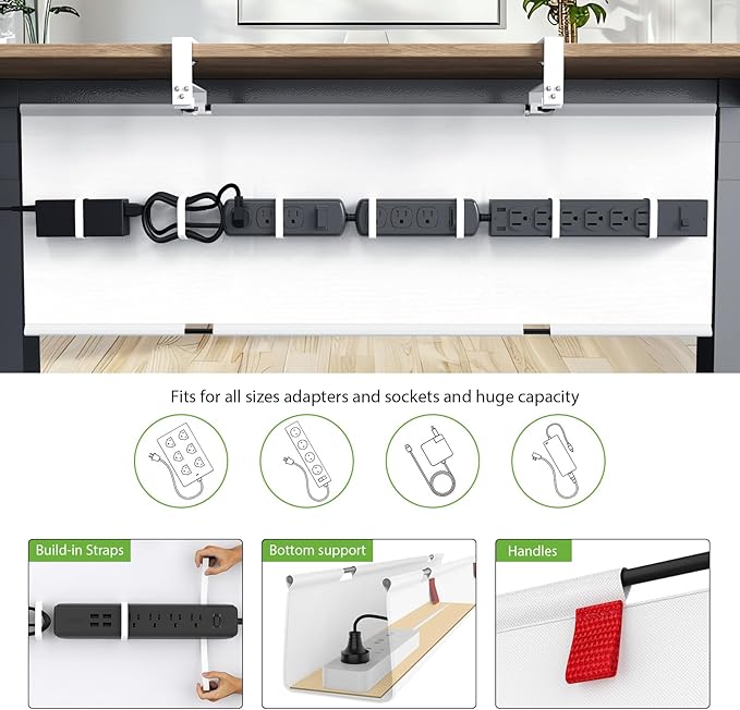 KEEGH Extra Large 48" Under Desk Cable Management Tray - Under Desk Cord Management - Clamp/Screw Mount - Support Upto 70lbs - Fabric Wire Management - Cable Raceways Cord Hider for Office/Home, White