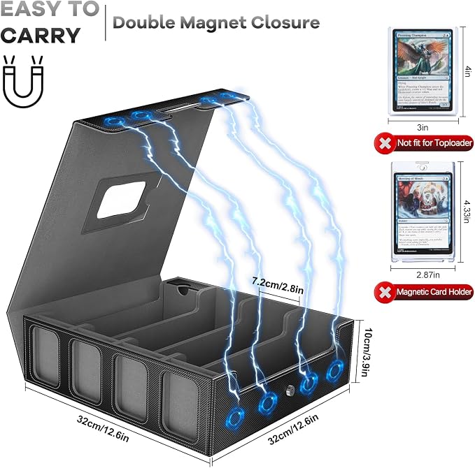 3200+ Trading Card Storage Box with Commander Display, 4 Row Card Deck Box with Portable Handle, Compatible for TCG/MTG/Magic Cards, 30 Colorful Divider, 8 Supporters, US Design Patent (Black&Grey) - Image 5