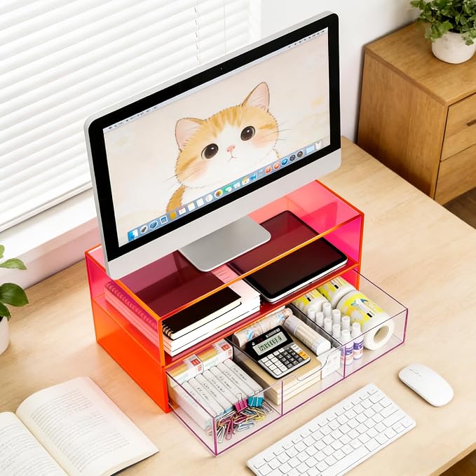 Gelite Acrylic Computer Monitor Stand for Desk Monitor Riser with Drawer Desktop Monitor Shelf with Storage, Neon Pink - Image 6