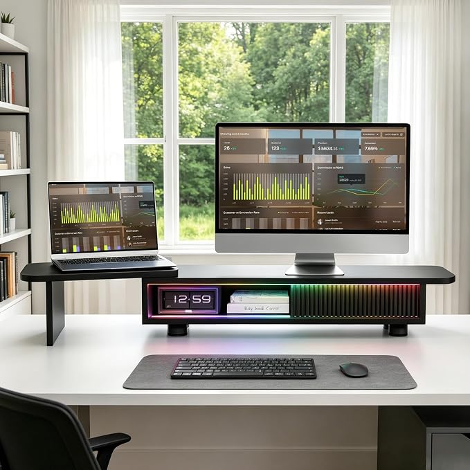 Artswish Dual Monitor Stand with Power Outlet, Black Desk Monitor Riser | 2 AC Outlets & 2 USB Ports, RGB Lighting, Sliding Storage, Flexible Side Shelf, Desk Riser for Work Study Gaming - Image 3