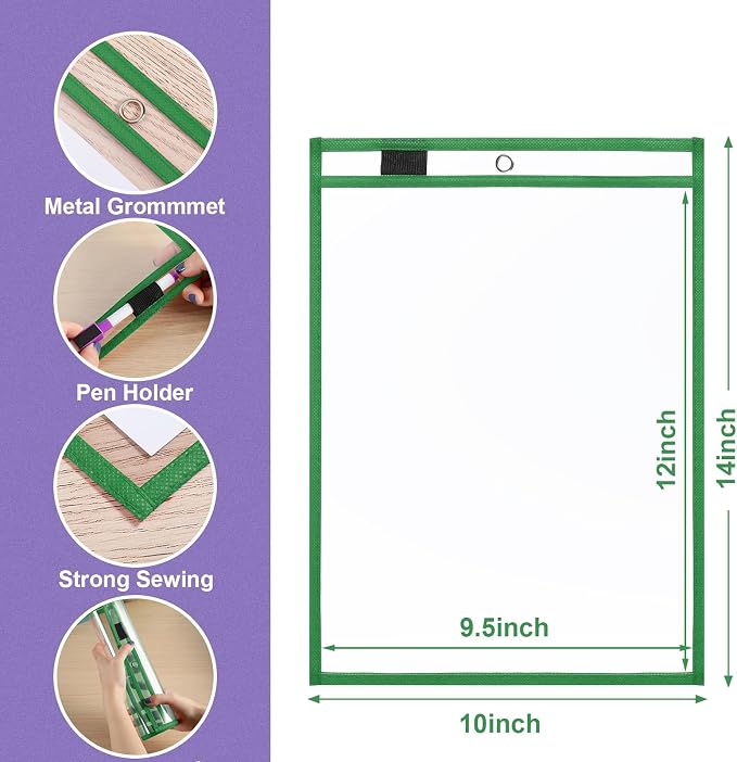 Nezyo Dry Erase Pockets Plastic Job Ticket Holders Shop Holder Order Pockets Clear Sleeves Tickets Folders Plastic Sleeves Paper Teacher Supplies for Classroom(14 x 10 in,Dark Green,20 Pcs) - Image 2