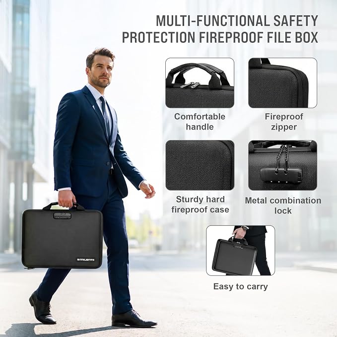 Fireproof Document Box with Lock & Waterproof Hard Shell File Organizer | Portable Safe Box with 13 Pocket Accordion File Folders, Home Office Travel Secure Storage Imp Documents Laptop & Valuables - Image 7