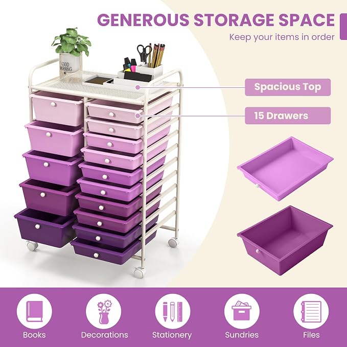 DORTALA 15-Drawer Rolling Storage Cart with Drawers, Rolling Utility Cart w/Removable Drawers & Universal Wheels, Tools Scrapbook Paper Organizer for School, Office, Home, Classroom (Gradient Purple) - Image 6