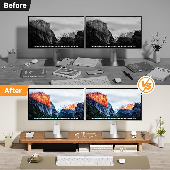 Dual Monitor Stand Riser, 39 Inch Extra Long Wooden Desktop Monitor Riser with Storage for 2 Monitors Ultra Strong Desk Shelf Organizer Riser Ergonomic for 2 Screens/Laptop/PC/TV/Printer (Walut brown, 39inches) - Image 6