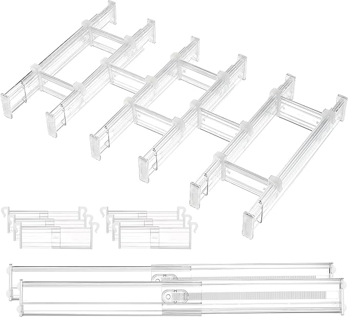 Vtopmart 2.36" Drawer Dividers with Expandable Inserts, 12.8"-22.3", 8 Pack | Adjustable Kitchen Drawer Organizer, Clear Organizer Separator for Flatware, Utensil, Cutlery, 8 Dividers with 14 Inserts by Vtopmart
