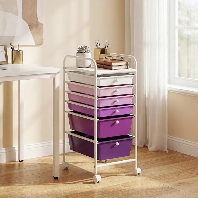 COSTWAY 6-Drawer Rolling Storage Cart, Art Craft Tools Organizer on Wheels | Multifunctional Heavy Duty Utility Mobile Storage Trolley w/ 2 Lockable Wheels for Home Office School (Purple Gradient) - Image 2