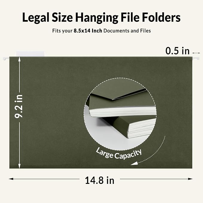SUNEE Hanging File Folders Legal Size,25 Pack Reinforced Hang Folders, Adjustable 1/5-Cut Tabs, Designed for Bulky Files, Filing Cabinet, Standard Green - Image 2