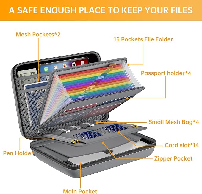 DocSafe Fireproof File Organizer with Lock, Hard-Shell Case Fireproof Document Box with 13 Pocket Accordion File Folder, Portable Home Office Travel Safe Storage for Important Documents Laptop Gray - Image 8
