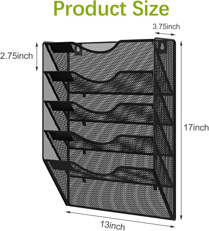 EasyPAG Wall File Organizer 5 Tier Hanging Paper Folder Holder, Zero Assembly Metal Mesh Wall Mounted Mail Organizer for Office Home Classroom Narrow Spaces, Black - Image 4
