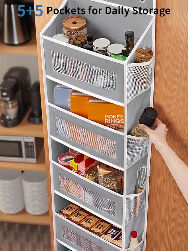 JARLINK Over the Door Organizer for Pantry, Bathroom, 5 Shelf Grey, 2 Pack | Anti-Tilt Design, 44 lb Load Capacity, Hanging Door Organizer with 5 Large Capacity Pockets, Behind Door Storage for Nursery - Image 5