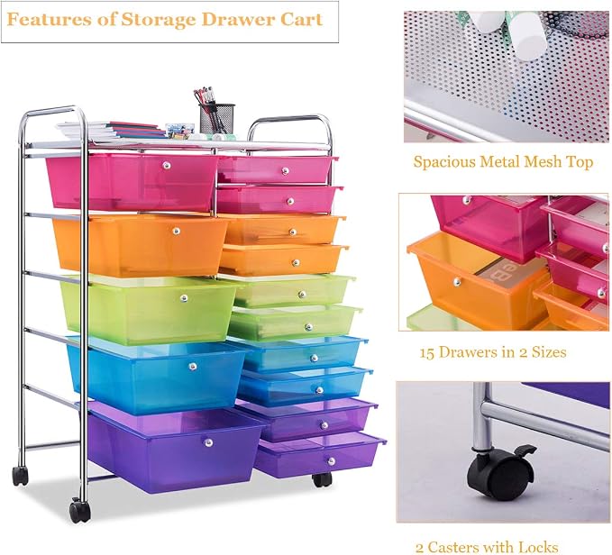 Giantex 15 Drawer Rolling Storage Cart Tools Scrapbook Paper Office School Organizer, Multicolor - Image 5