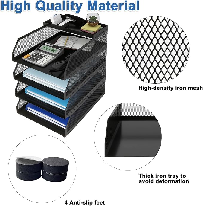 Natwind 4-Tier Stackable Metal Mesh Desk Paper Tray Organizer,Black | Desktop Accessories for Office Supplies, Letter Tray For Paper Storage ,File Document Holder For Home School Classroom - Image 3