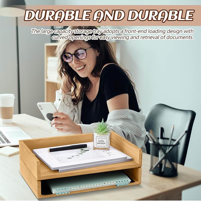 Yeaqee 4 Pcs Stackable Paper Organizer Tray Wood Desk Organizer Letter Tray Desktop Letter Size Office Wooden Desk Shelf Paper Holder Folder Organization Rack for Mail File Document(Light Wood Color) - Image 6