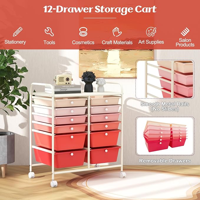 COSTWAY 12-Drawer Rolling Storage Cart, Moveable Art Craft Organizer | Lockable Wheels, Metal Shelf, Files Arrangement Tools Makeup Storage Cart for Office, Home, School (Mixed Pink) - Image 4