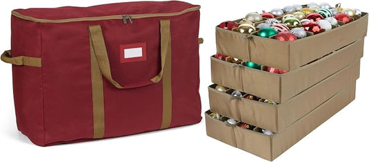Covermates Keepsakes Adjustable Ornament Storage Bag – Heavy-Duty Polyester, Padded Dividers & FlexGrid Trays – Protective Holiday Ornament Organizer with Handles & Label Window, Red by Covermates