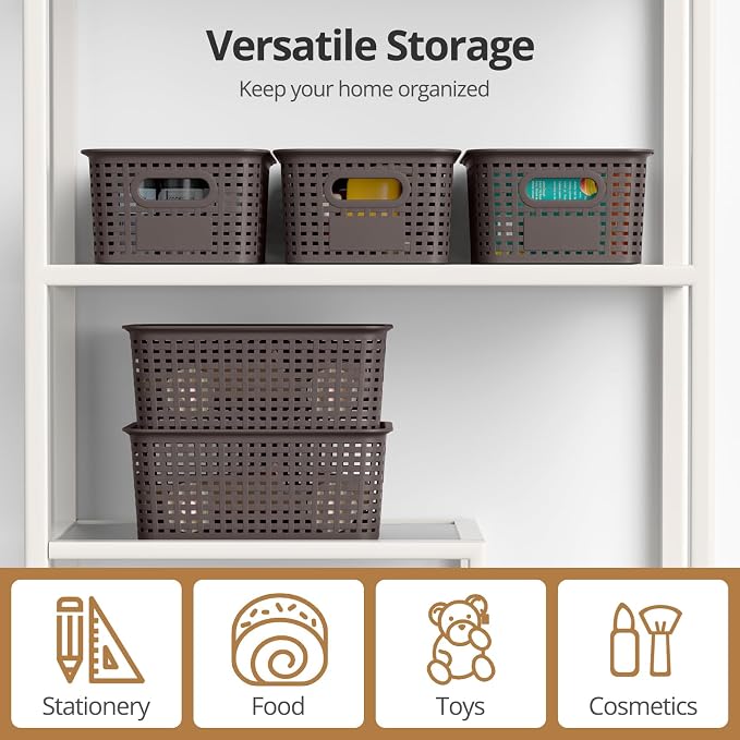 Plastic Storage Basket with Lid, Stackable Small Box Bins for Organizing and Containers for Shelves Drawers Desktop Closet Playroom Pantry Classroom Office Home, 8 Pack 10.2x7.2x4.1 Inch, Brown - Image 5