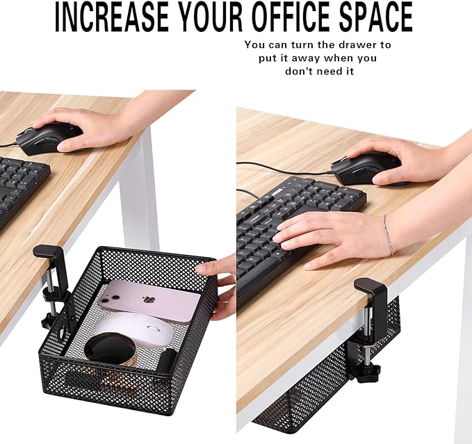 Under Desk Drawer, Clamp on Desk Organizer Hanging Desk Storage Under Table | Under desk organizer: clamp on desk drawer, 360° rotating desk basket, hanging desk organizer, clamp on desk shelf, no-drill - Image 2