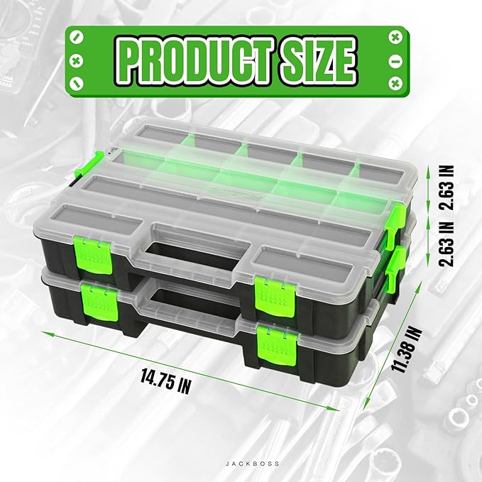 Jack Boss Tool Box with Transparent Lid, Single Side 17-Compartments Organizer Box with Removable Dividers for Hardware, Screws, Bolts, Nails, Beads, Jewelry and Fishing Accessories, Green, 2 Pack - Image 2
