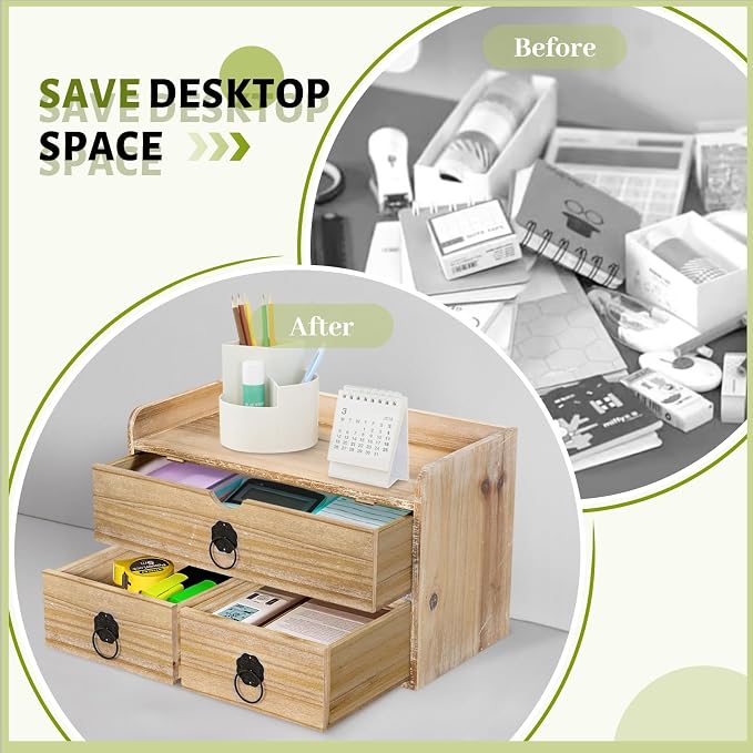 Washed White Wood Desk Organizer, Mini Desktop Organizer with Drawers, Tabletop Storage Organization for Home Office Supplies Vanity, No Assembly Required (3 Drawer and Shelf) - Image 6