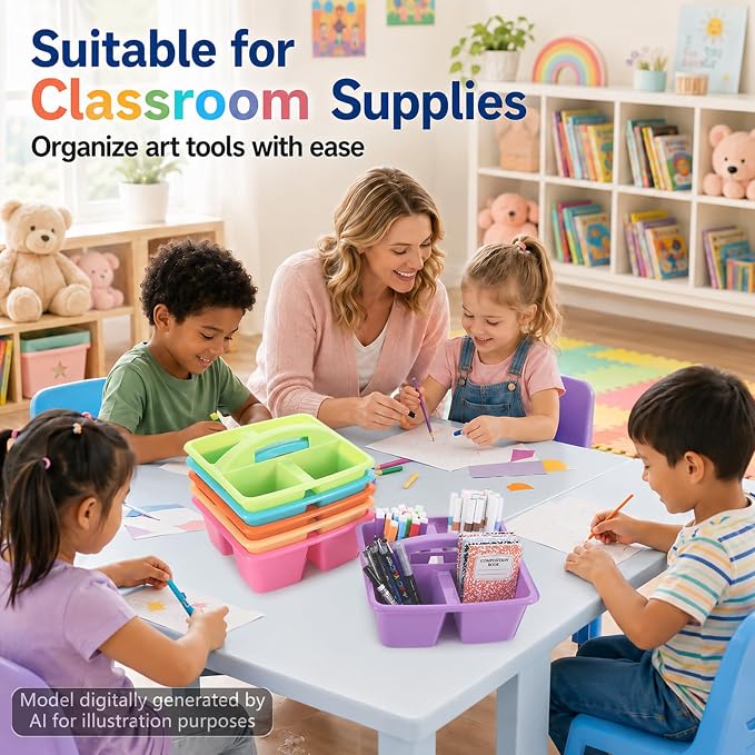 gisgfim 6 Pack Plastic Classroom Caddy with 4-Compartments Plastic Storage Caddies with Handle 4 Compartments Table Caddy Organizer Versatile Table Caddies for Classroom Office, Colorful - Image 5