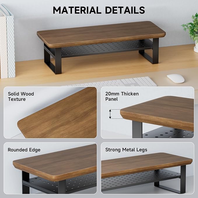 Monitor Stand Riser, 24 Inch Computer Monitor Stand for Desk, 2-Tier Wood Desk Shelf Organizer with Storage, Desktop Stand for Laptop/Screen/PC/Printer, Ergonomic Home Office Monitor Stand - Image 5