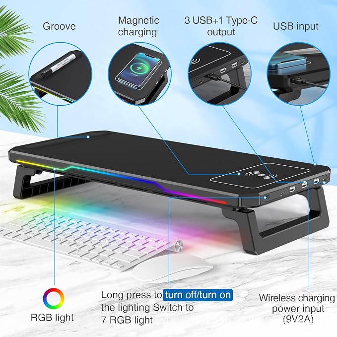 Monitor Stand Riser with USB 3.0 Hub & Type-C Port, 15W Fast Wireless Charging & RGB Lighting, Desk Organizer for Home Office PC iMac 27 Inch (Black) - Image 2