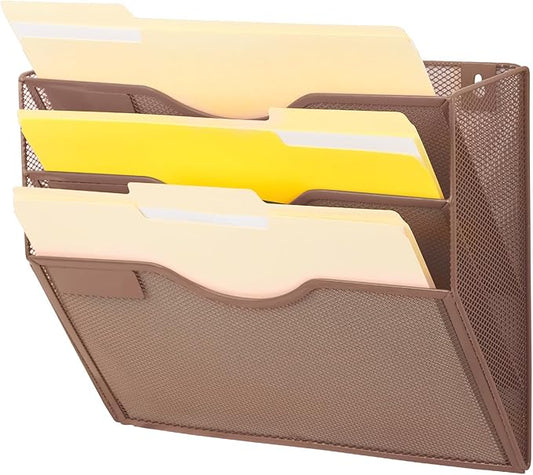 3 Pocket Mesh Hanging Wall File Organizer, Wall Mounted Mail Paper Document Folder Holder, Clipboard Storage Organization Magazine Rack with Nametag Label for Office Home School, Brown by EASEPRES