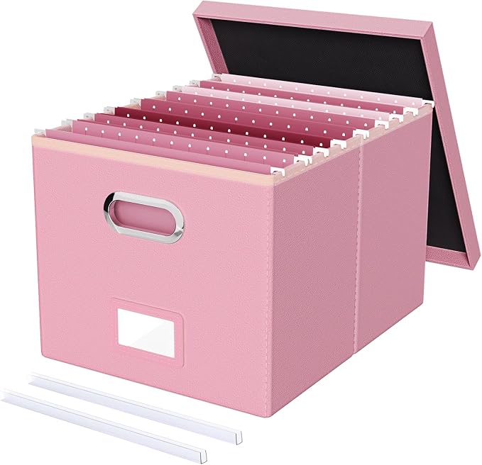 File Organizer Box,Filing Box with Lid,File Box for Letter/Legal File Folder Storage, Portable Hanging File Box for Office/Decor/Home,1 Pack, Pink(Leather),Box only by Oterri