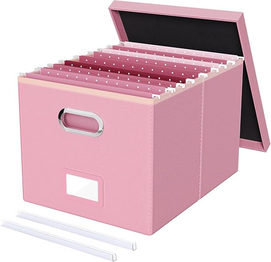 File Organizer Box,Filing Box with Lid,File Box for Letter/Legal File Folder Storage, Portable Hanging File Box for Office/Decor/Home,1 Pack, Pink(Leather),Box only by Oterri