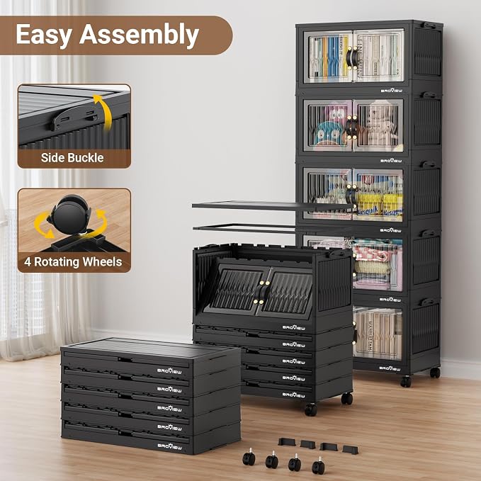 BROVIEW 300Qt Stackable Storage Bins with Lid, Extra Large Closet Organizer Collapsible Drawer Boxes with Wheels, Folding Plastic Cabinet Containers for Home Kitchen Room Organization, 5Pack Black - Image 5