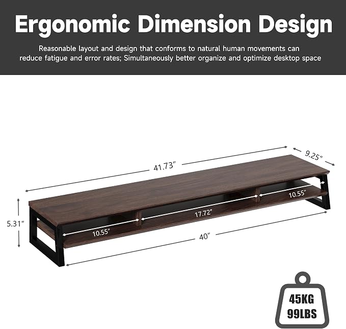 Dual Monitor Stand Riser for Desk, 41.7 Inch Large 2 Tier Computer Monitor Stand for 2 Monitors, Desktop Storage Organizer Shelf with Keyboard Space for Laptop PC Printer Brown - Image 6
