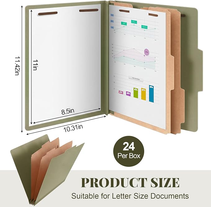 AmazingSpark 24 Pcs Classification Folder Letter Size Bulk 2 Divider Pressboard File Folder with Expansion 2 Prong Fastener Heavy Duty Office File Organizer for School Medical Document(Hunter Green) - Image 2