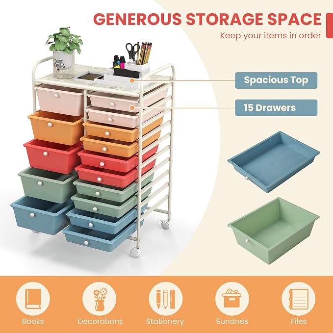 GOFLAME 15-Drawer Rolling Storage Cart, Craft Storage Cart with Removable Drawers & Lockable Wheels, Art Cart Supply Storage Organizer for Home Office Classroom, Macaron Color - Image 4