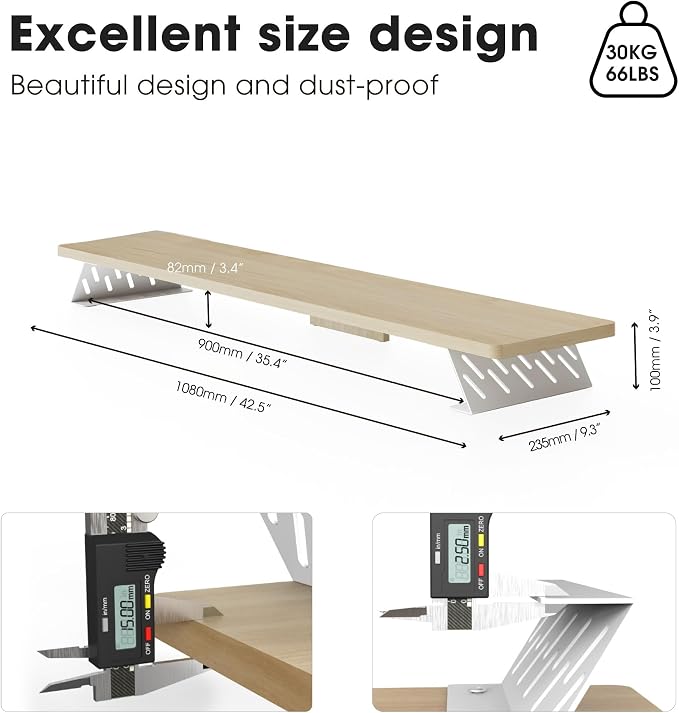 Fenge Monitor Stand Riser, Wooden & Metal Desk Shelf Organizer, Oak | 42.5 Inch Dual Monitor Riser for 2 Monitors, Multifunctional Monitor Shelf for Laptop, PC, Printer - Image 5