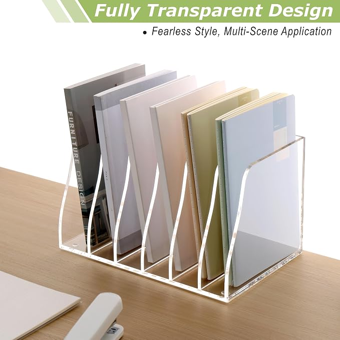 SANRUI Acrylic Desk File Organizer, Clear Magazine File Holder 6 Slot | Vertical Workspace Sorters, Folder Rack for Office Accessories Organization Storage - Image 4