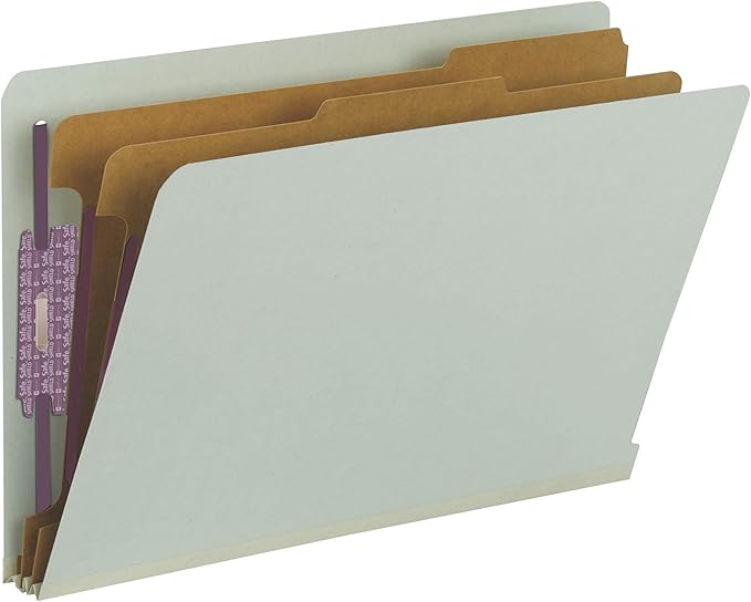 Smead File Folders, End Tab Pressboard Classification, Legal Size, 2 Dividers, 2" Expansion, SafeSHIELD Fasteners, 100% Recycled, Green, 10 per Box, Shelf Filing for Office Records by SMEAD
