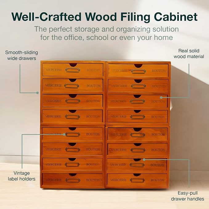 Stackable Apothecary Cabinet, 16 Drawer Wooden Storage I Vintage Card Catalog Style Organizer for Coins, Trading Cards, Crafts & DMC Floss I Multi Drawer Modular Wood Desk Cabinet w/Label Holders - Image 8