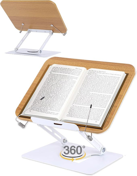ASIEIT Book Stand for Reading, Adjustable Book Holder with 360° Rotating Base & Elastic Page Clips, Foldable Cookbook Stand, Portable Display Stand for Bible, Recipe, Magazine, Tablet, Laptop, Natural by ASIEIT