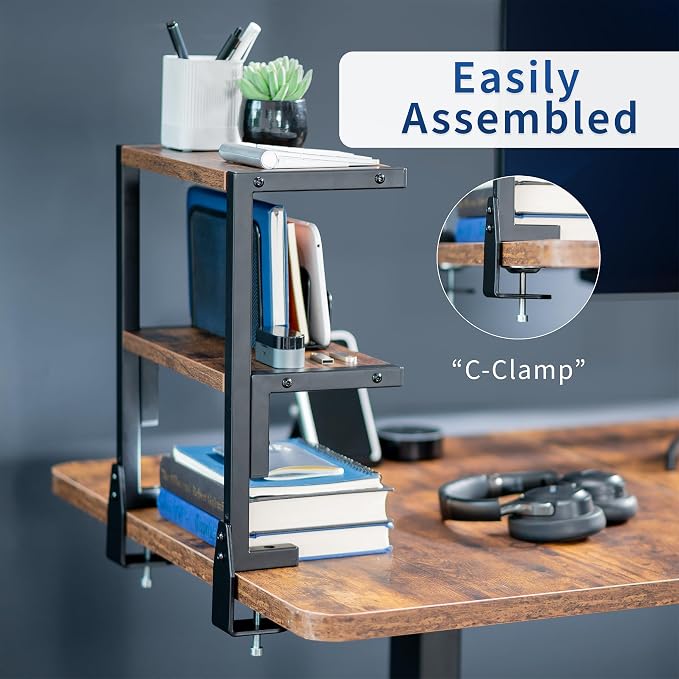 VIVO Vintage Brown Clamp-on 13 inch 2-Tier Desk Shelf, STAND-SHELF2C-N | Above or Below Desk, Rustic 2 Level Shelving Unit for Table Accessories Gaming Devices & More, Storage Tray Desktop Organizer - Image 5