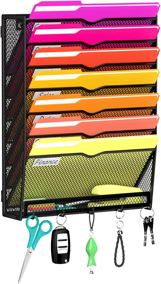 8-Tier Wall File Organizer with Base and Hooks, Hanging Organizer, Black | Wall Organizer and Wall File Holder with 8 Vertical Pockets and Bottom Tray for Files, Mail, Folders, Magazines and Paper by JMHUD