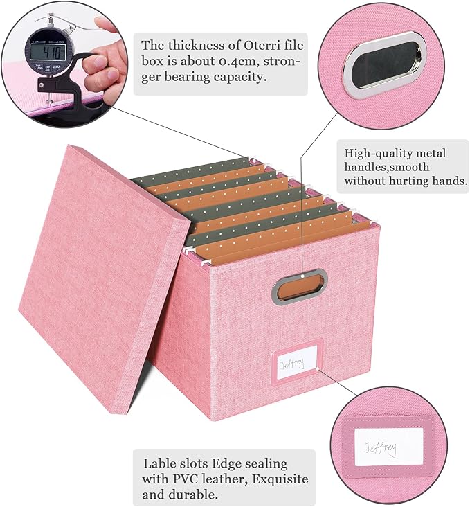 File Organizer, File Box, File Cabinet for Letter File Folder Storage, Portable Storage Bins with Lids for Office/Decor/Home, 1 Pack, New-pink-Box only - Image 4