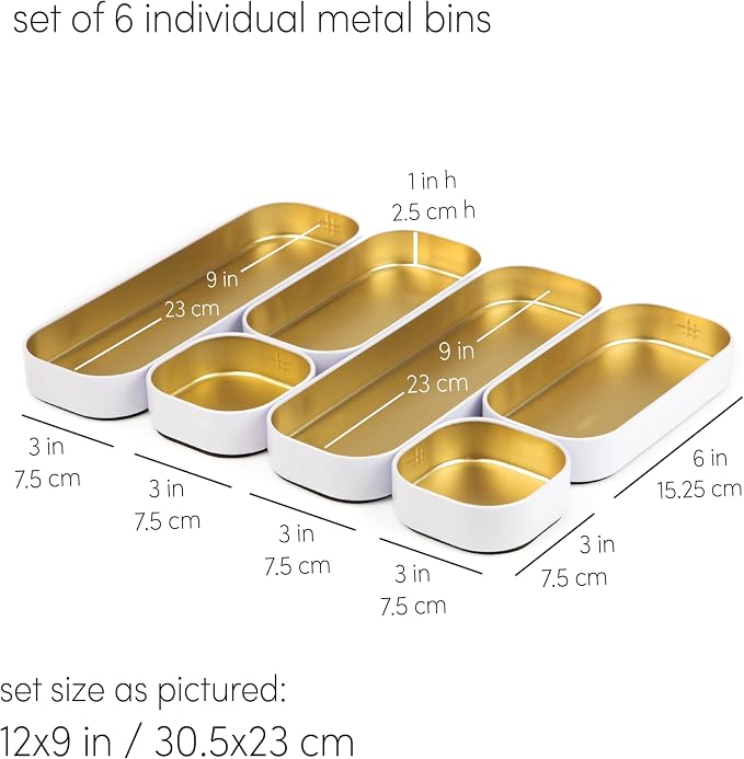 Three by Three Seattle Metal Drawer Organizer Tray Set, 6-Pc, 1" (Gold) | Colorful food-safe metal bins; soft non-scratch base; kitchen, bathroom, vanity, desk, makeup & office drawers - Image 3