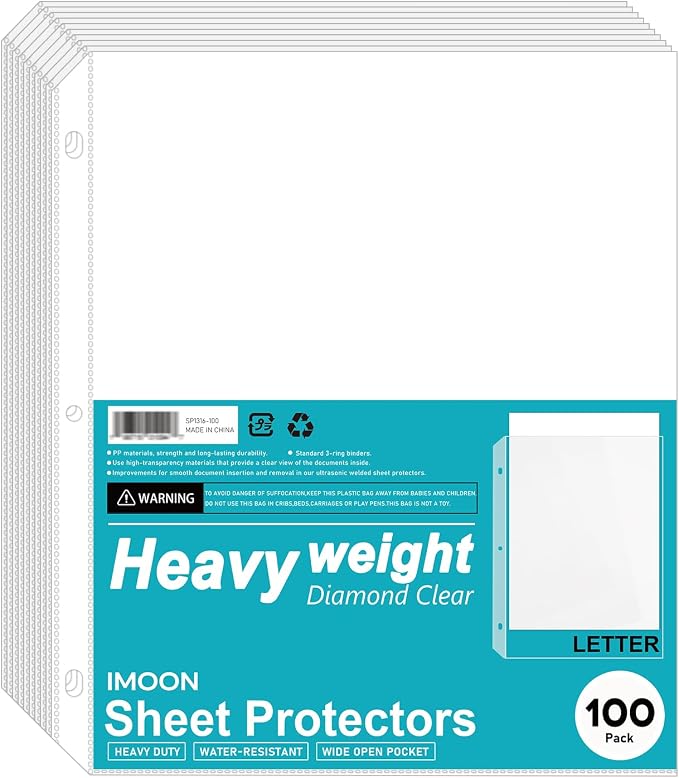 Heavyweight 3-Hole Letter Size Sheet Protectors - High Transparency Plastic Heavy Duty Sleeves for 3 Ring Binders, Archival Safe, Durable Page Protectors for Documents, 8.5x11 Inch (100 Pack) by Unknown