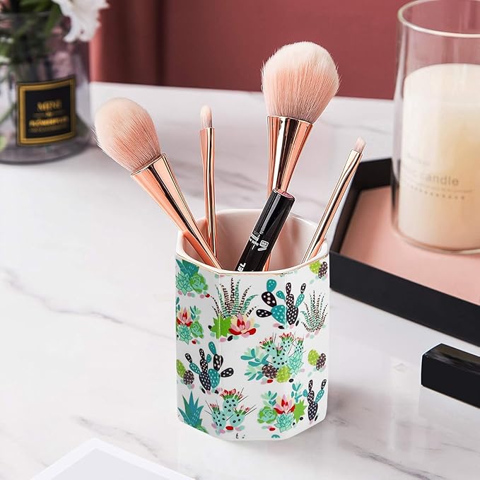 Pen Holder, Makeup Brush Holder Ceramic Shiny Gold Tropical Cactus Floral Succulents Pattern Plants Pencil Cup for Girls Kids Women Durable Stand Desk Organizer Gift for Office, Classroom, Home