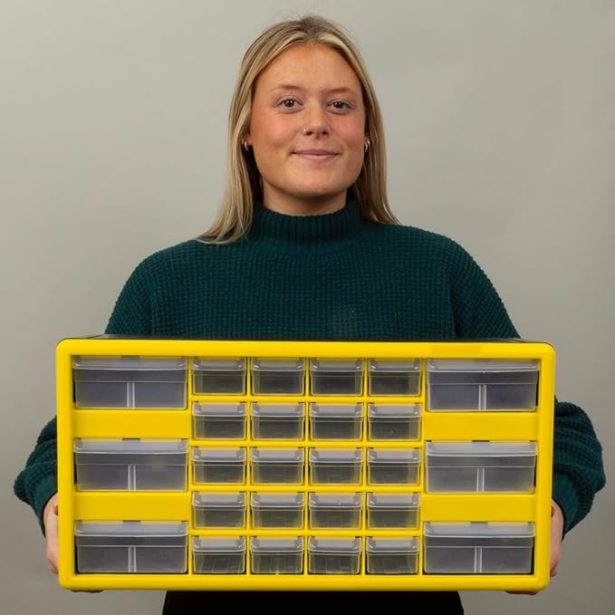 Akro-Mils 26-Drawer Plastic Storage Cabinet, 20"W x 6"D x 10"H, Yellow | Plastic Cabinet w/ Drawers for Garage Organization, Beads, Building Bricks Storage, Teacher Toolbox, Makeup Organizer, 10126 - Image 9