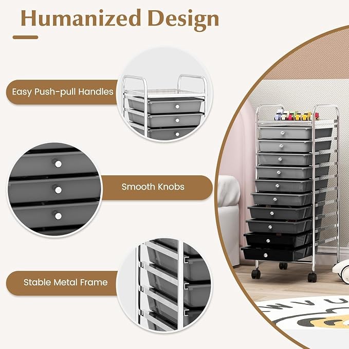 Storage Cart, Rolling Utility Cart with 10 Drawers, Portable Handles & Lockable Wheels, Mobile Paper Toys Storage Organizer Large Capacity for Home Office School Teacher (Gradient Black) - Image 4