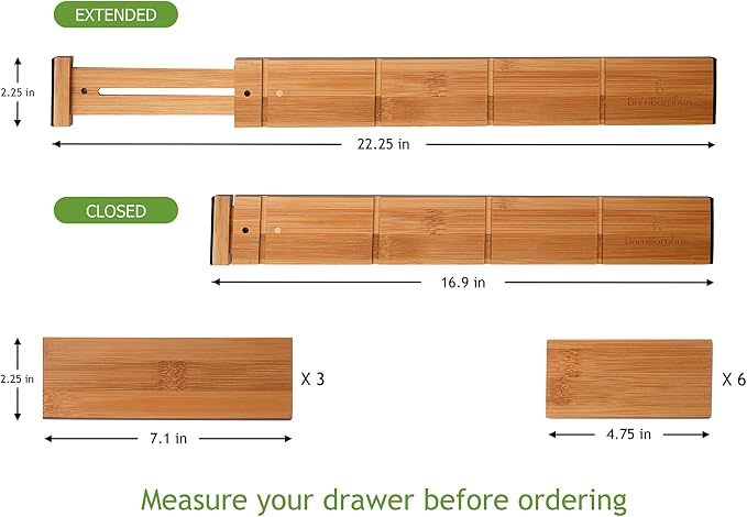 Adjustable 17-22in Bamboo Dividers Organizers with 9 Inserts, Expandable Spring Loaded Drawer Dividers for Kitchen, Dresser, Bedroom, Bathroom, Office, and Garage (4 Pack) - Image 2